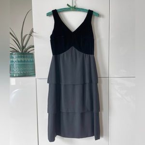 1960s Vintage Mid Century Little Black Dress with Black Velvet and Tiered Hem